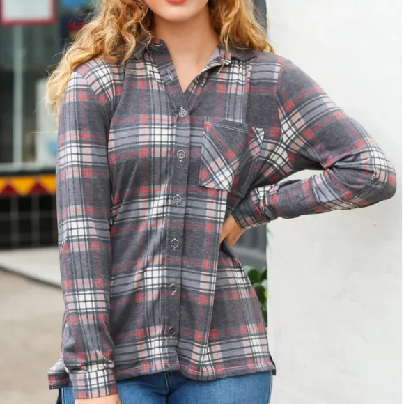 Women's Plaid Button Down Shirt - Picture 1 of 7